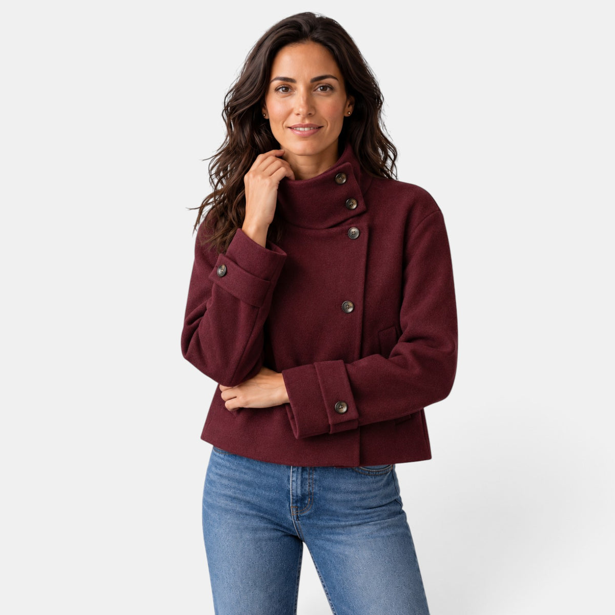 Women's Cropped Wool Blend Jacket - Buckle Collar