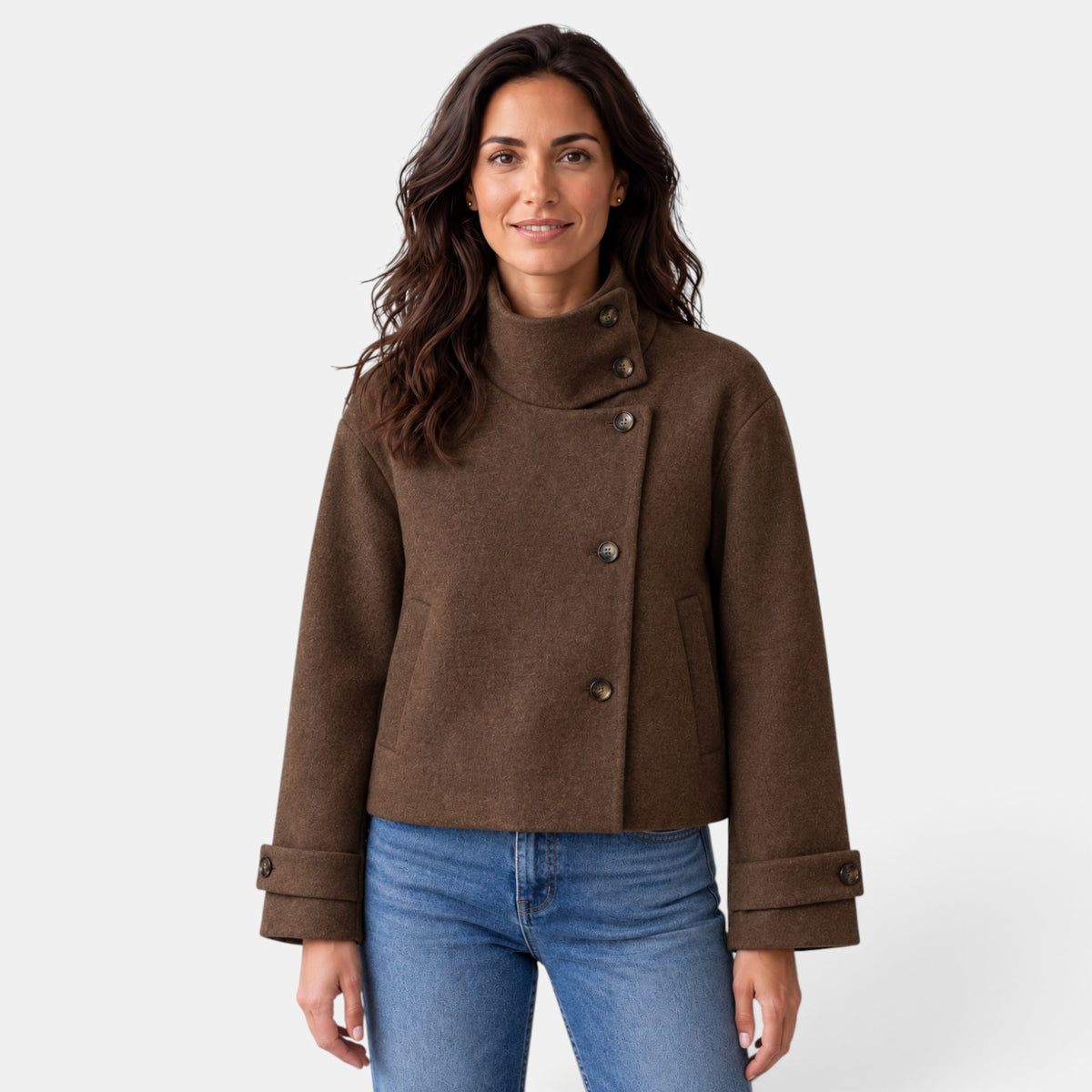 Women's Cropped Wool Blend Jacket - Buckle Collar