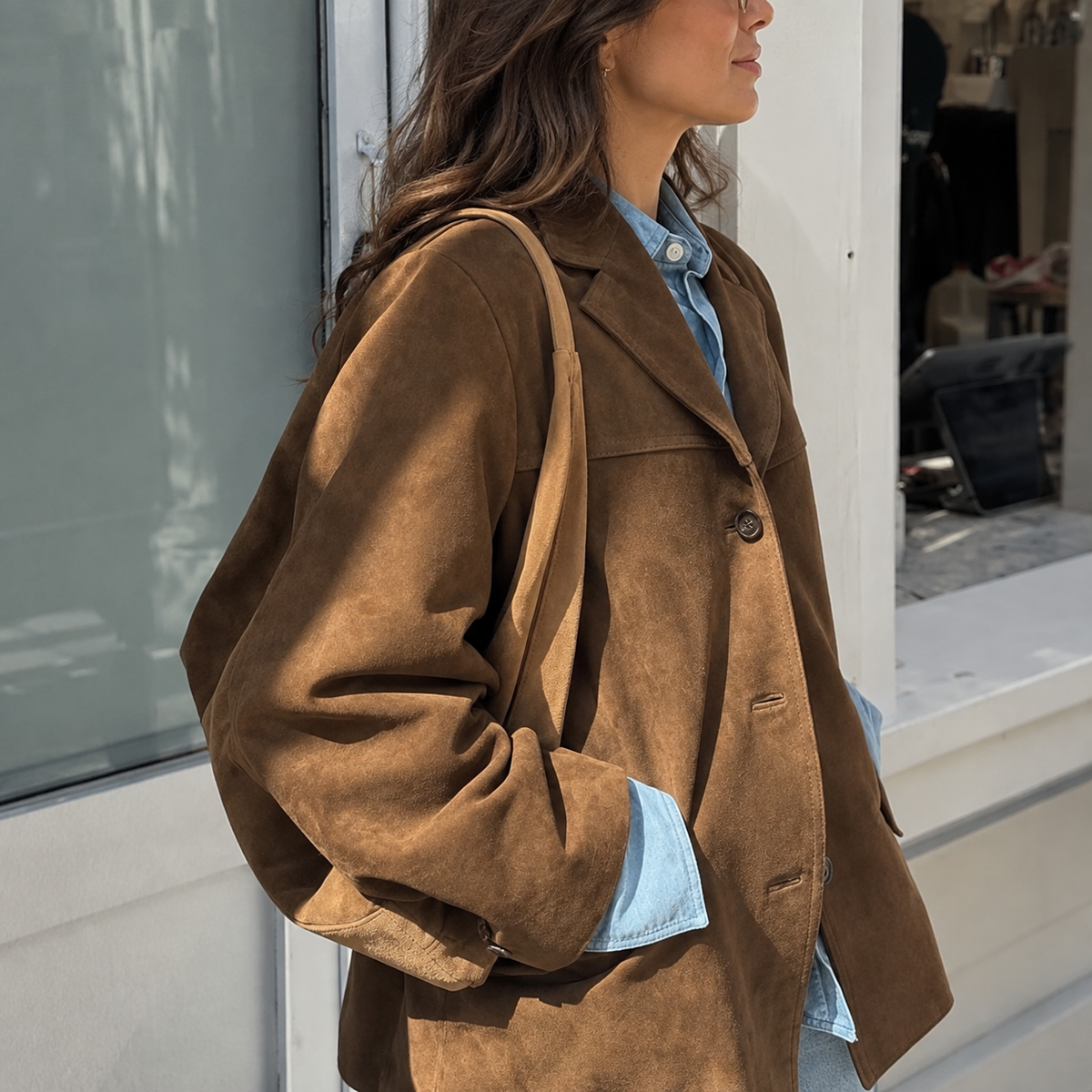 Chaqueta de Piel de Ante Vintage Mujer con Bolsillos