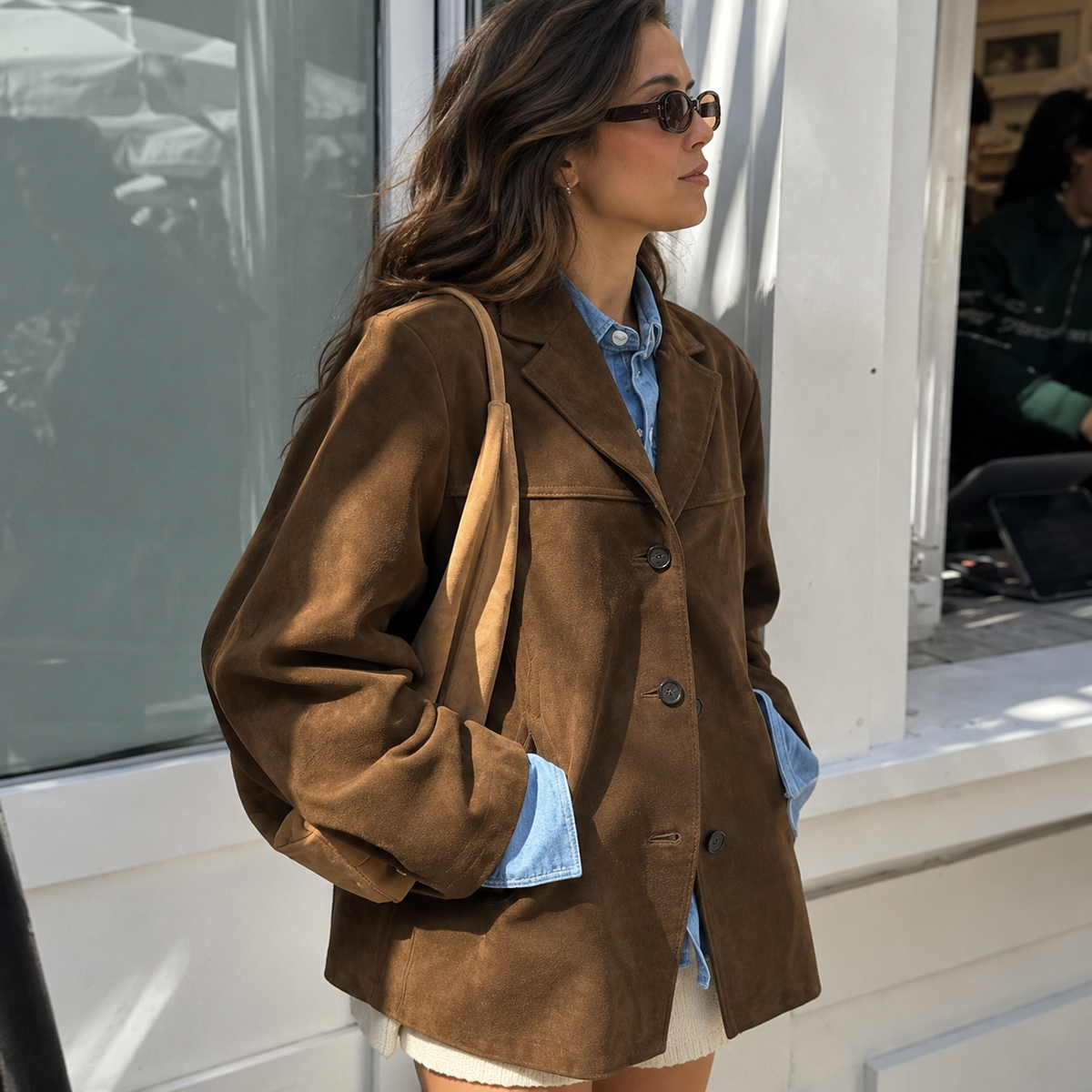 Chaqueta de Piel de Ante Vintage Mujer con Bolsillos