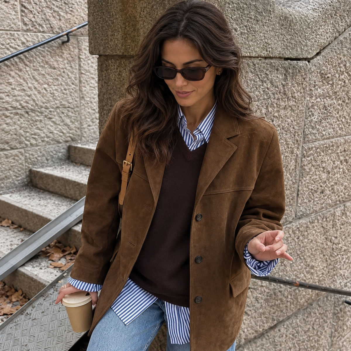 Chaqueta de Piel de Ante Vintage Mujer con Bolsillos