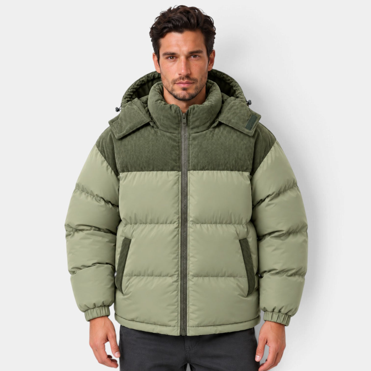 Chaqueta Hombre Acolchada con Capucha y Paneles de Pana