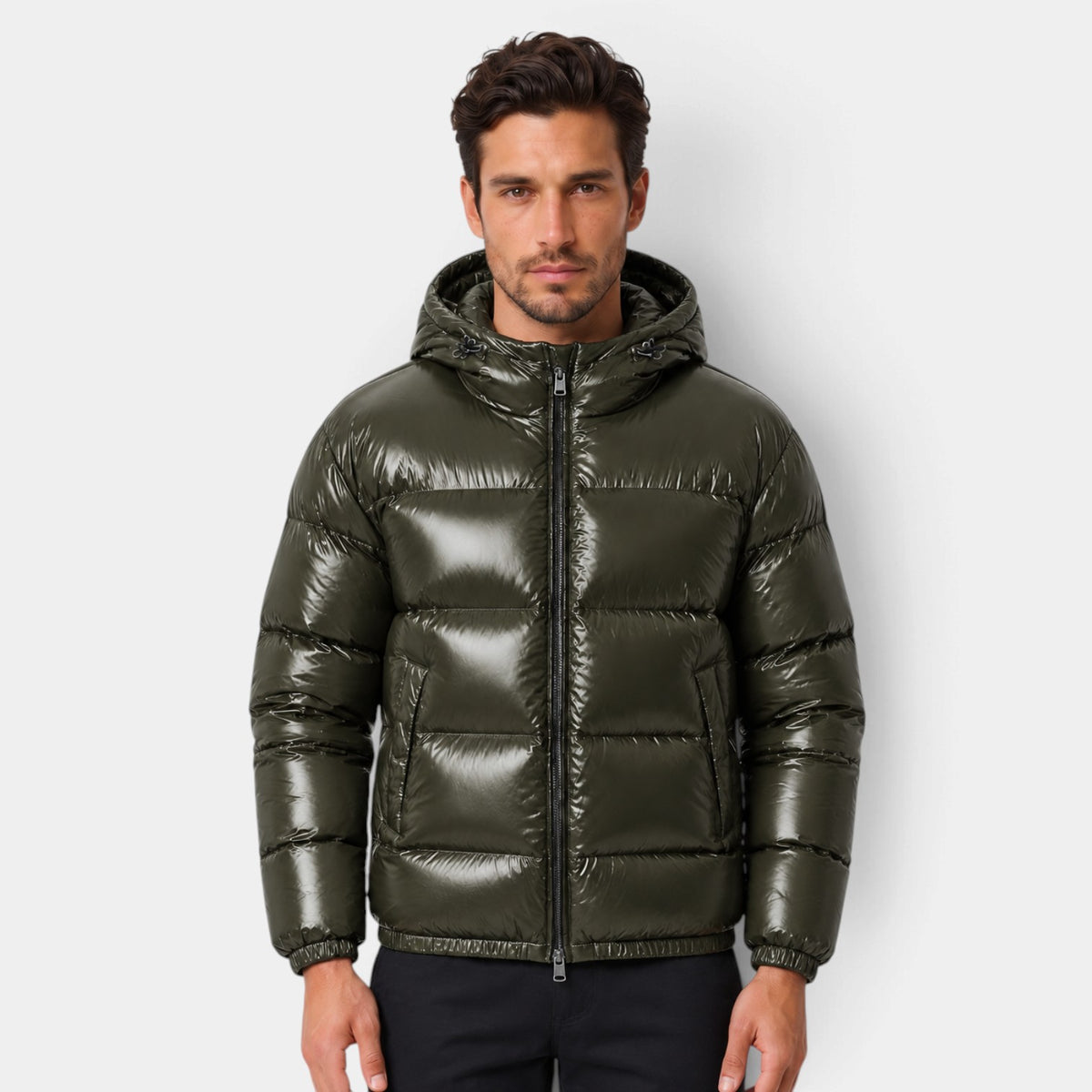 Chaqueta Hombre Acolchada con Capucha Acabado Brillante