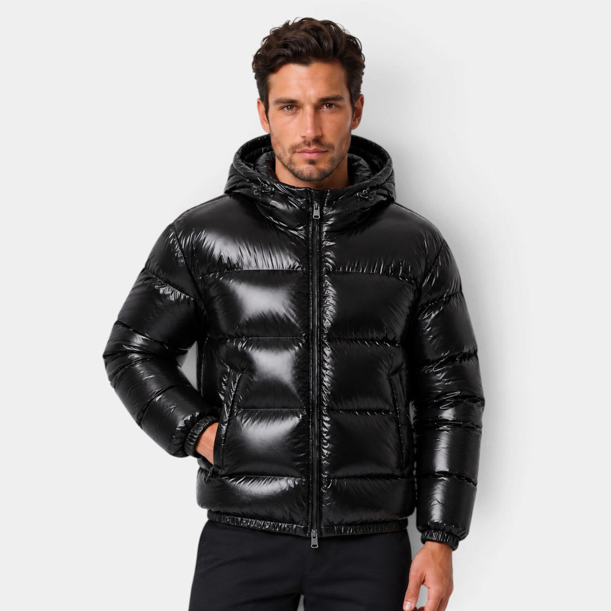 Chaqueta Hombre Acolchada con Capucha Acabado Brillante