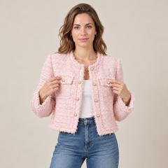 Chaqueta de Tweed Corta Mujer con Flecos y Botones Dorados