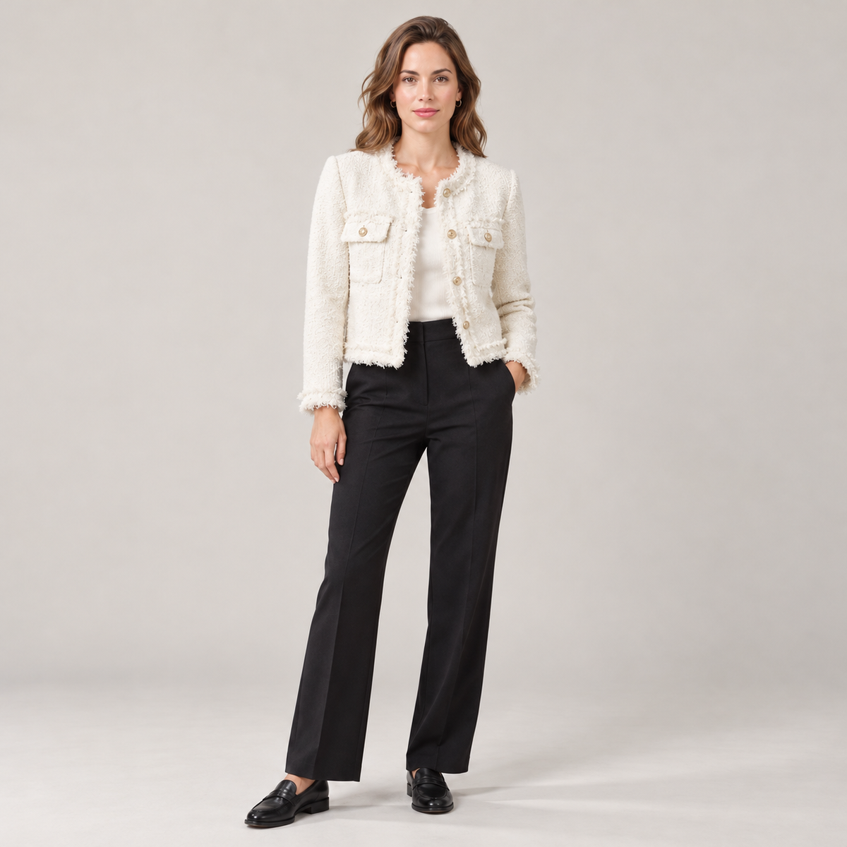 Chaqueta de Tweed Corta Mujer con Flecos y Botones Dorados