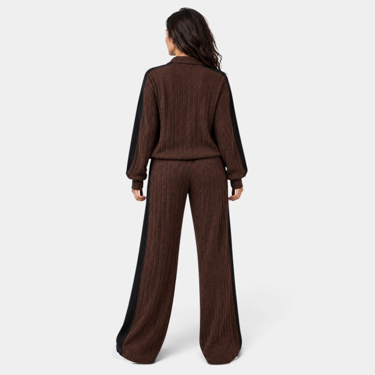 Conjunto de Punto a Rayas con Ribete Contraste para Mujer