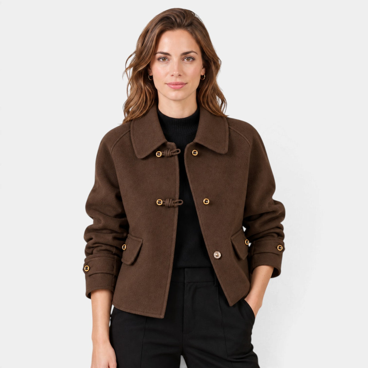 Blazer de Tweed para Mujer con Cuello Redondo y Botones Perla