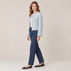 Chaqueta de Tweed Corta Mujer con Flecos y Botones Dorados