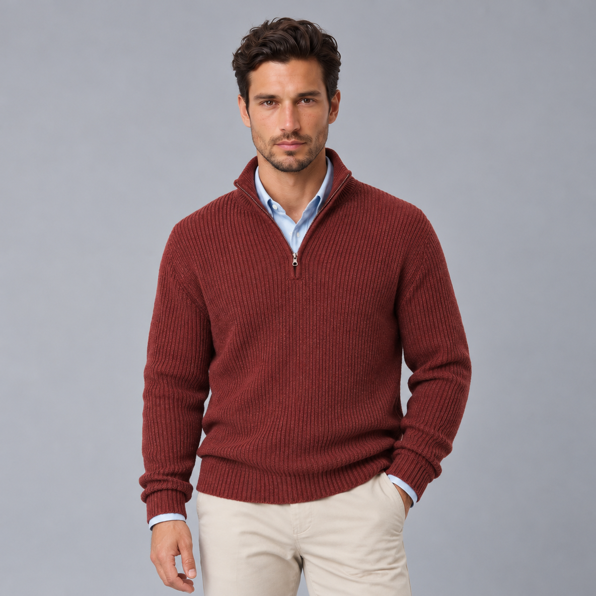 Men's 100% Cashmere Half-Zip Sweater - Mock Neck Pullover