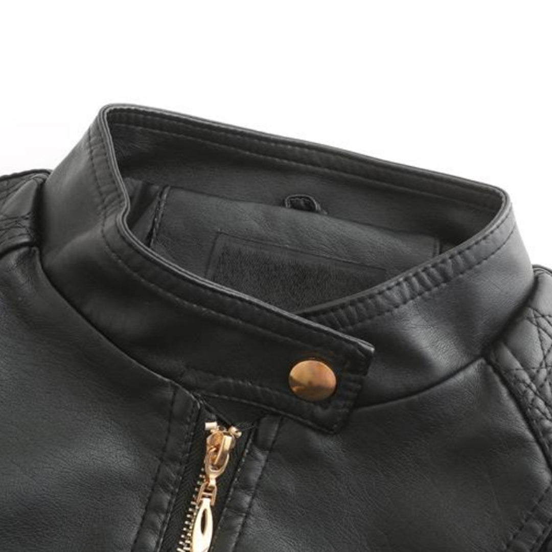 Chaqueta Biker Mujer Cropped en Polipiel con Cuello Alto