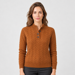 Women's Cable Knit Sweater - Button Neck Pullover