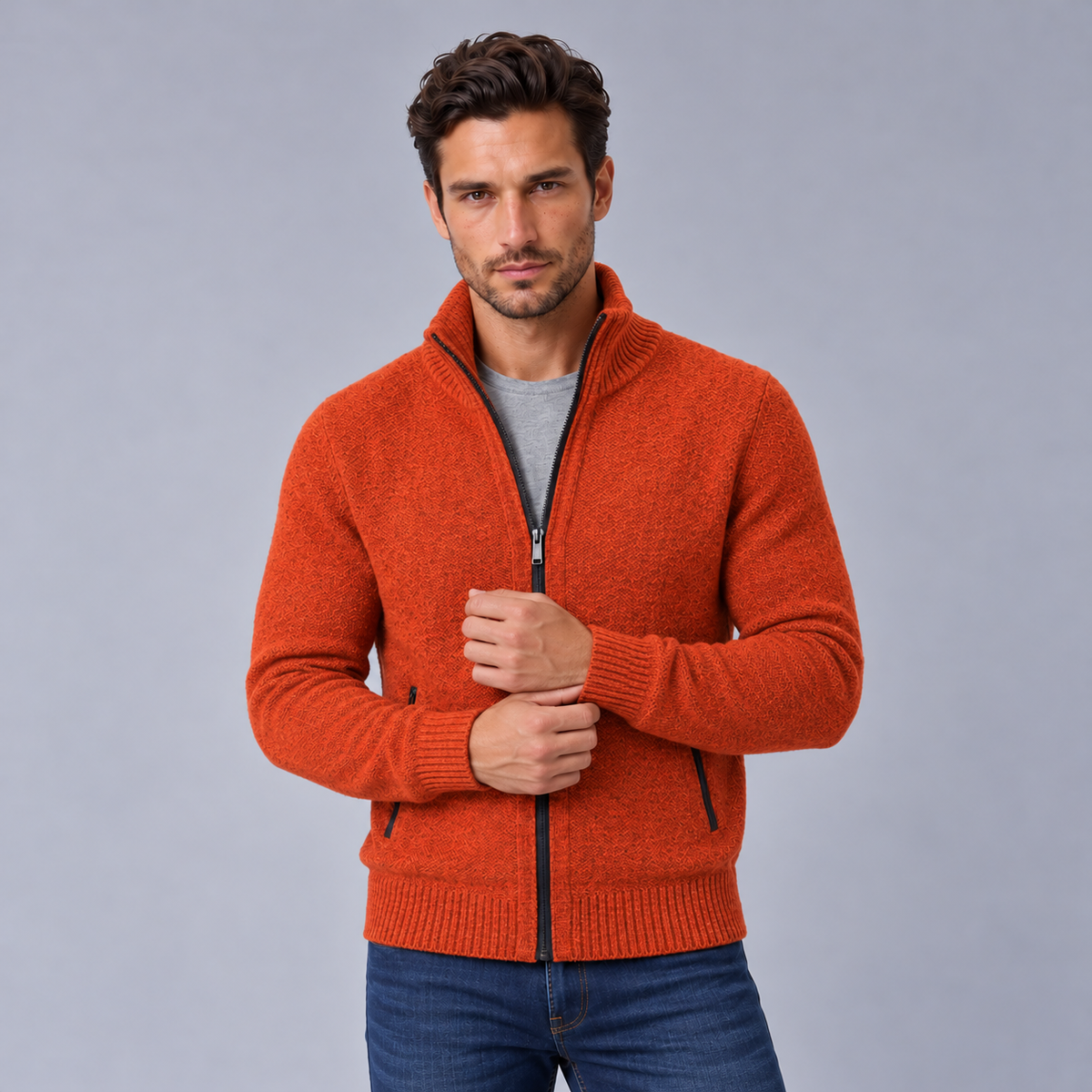 Men's Merino Wool Full-Zip Cardigan Sweater - Mock Neck