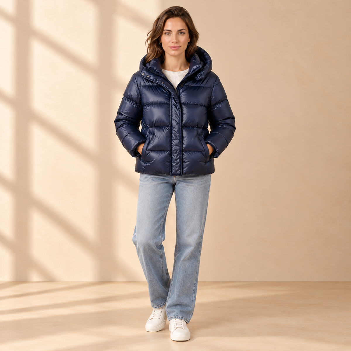 Women's Shiny Hooded Puffer Jacket - Horizontal Quilting
