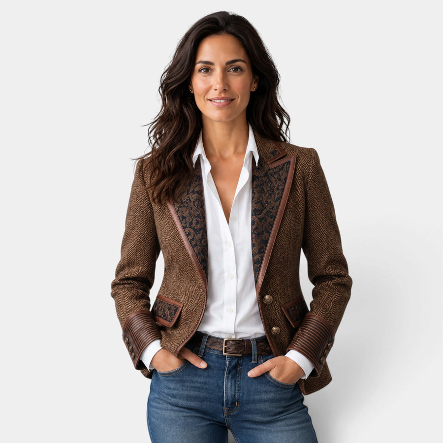 Women's Herringbone Panel Blazer with Gold Buttons