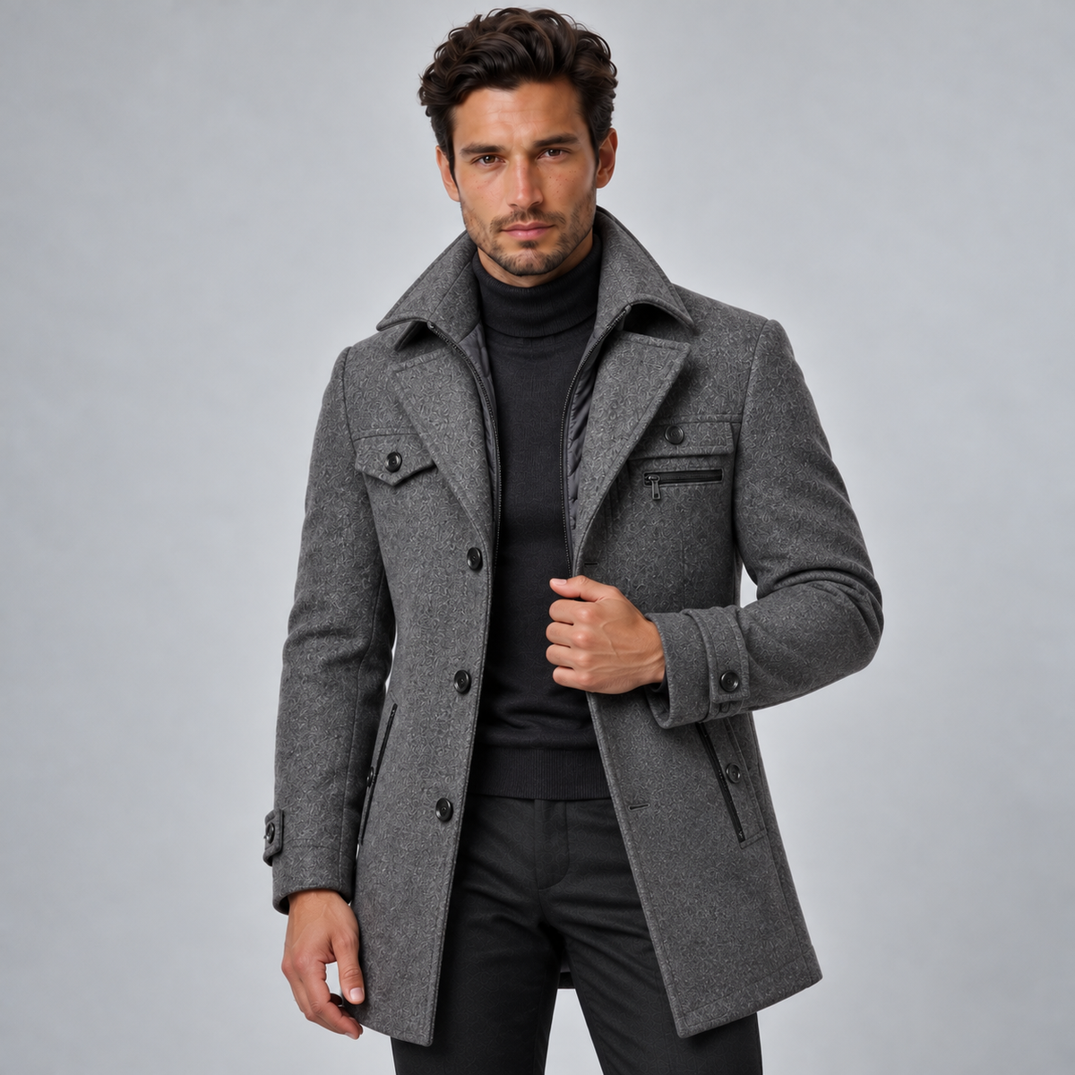 Men's Wool Coat with Quilted Lining - Warm Winter Overcoat