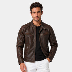Chaqueta de Cuero Genuino Hombre Cuello Alzado con Cremallera