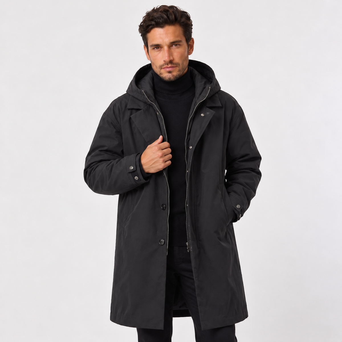 Men's Long Waterproof Hooded Parka - Full-Length Rain Coat