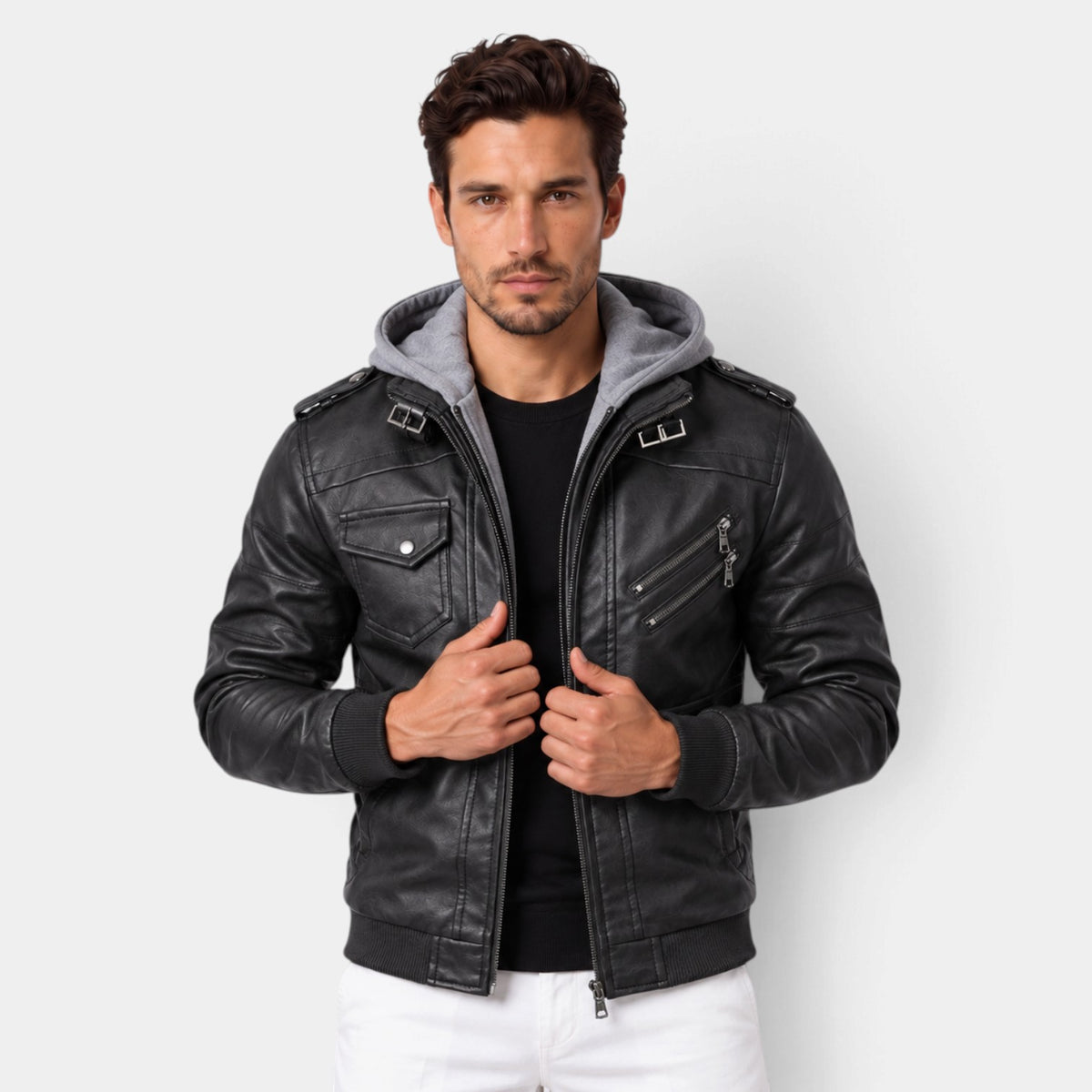 Men's warm hooded leather jacket