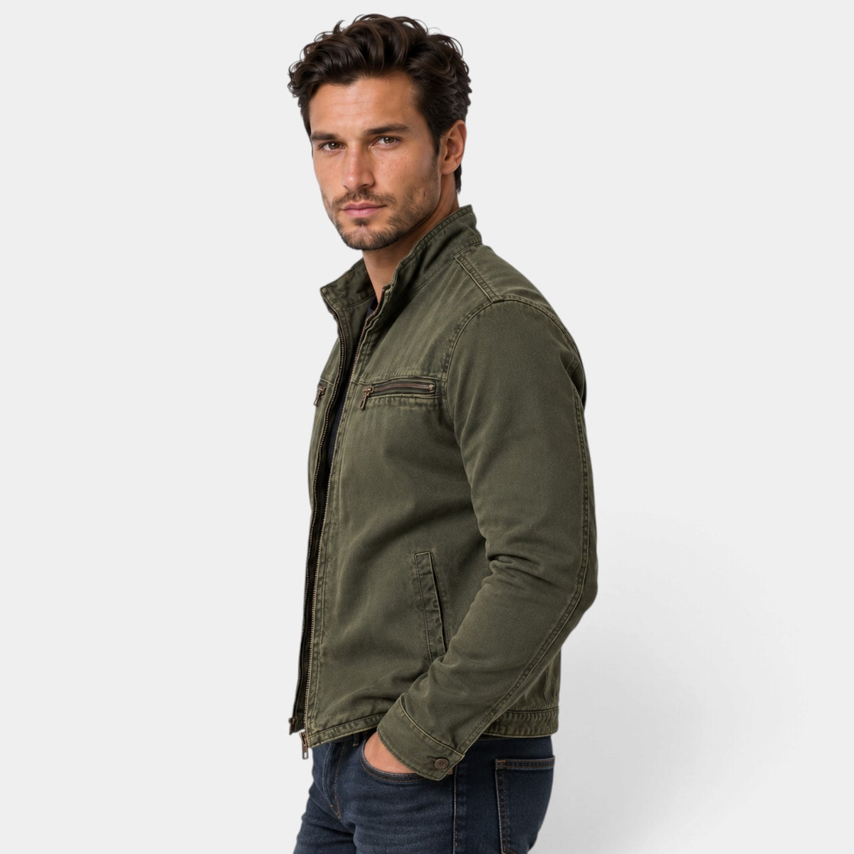 Chaqueta Verde Vintage para Hombre con Cuello Mao