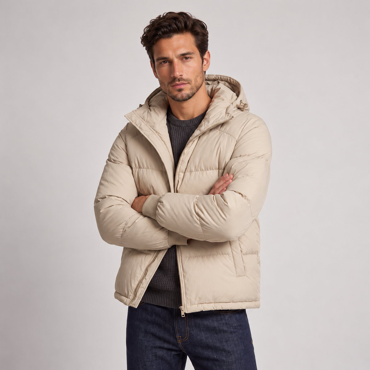 Chaqueta Acolchada con Capucha para Hombre, Cierre de Cremallera
