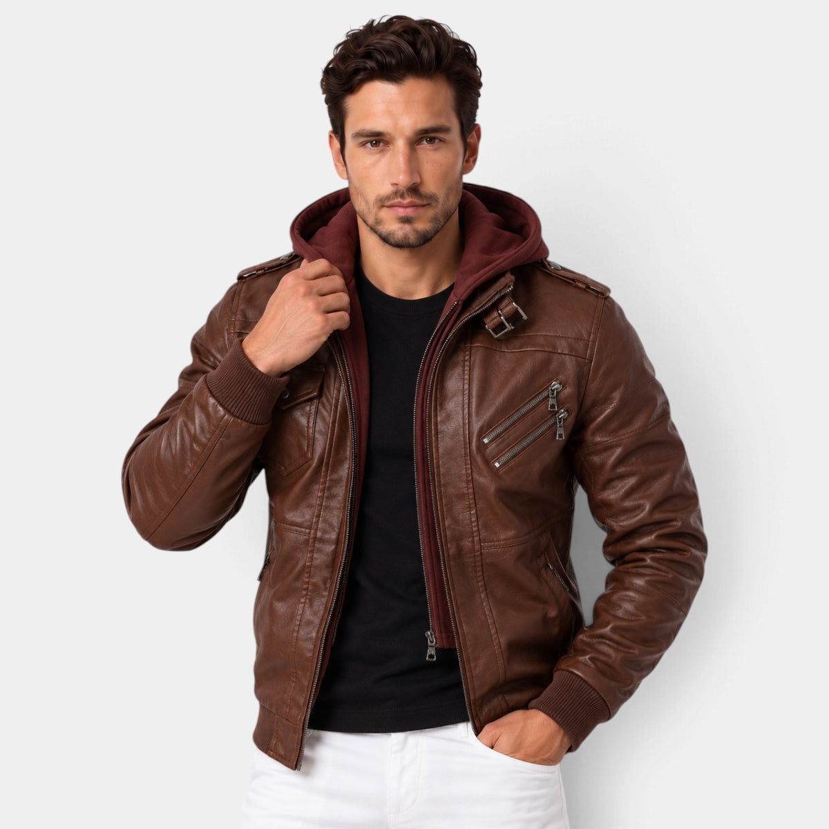 Men's warm hooded leather jacket
