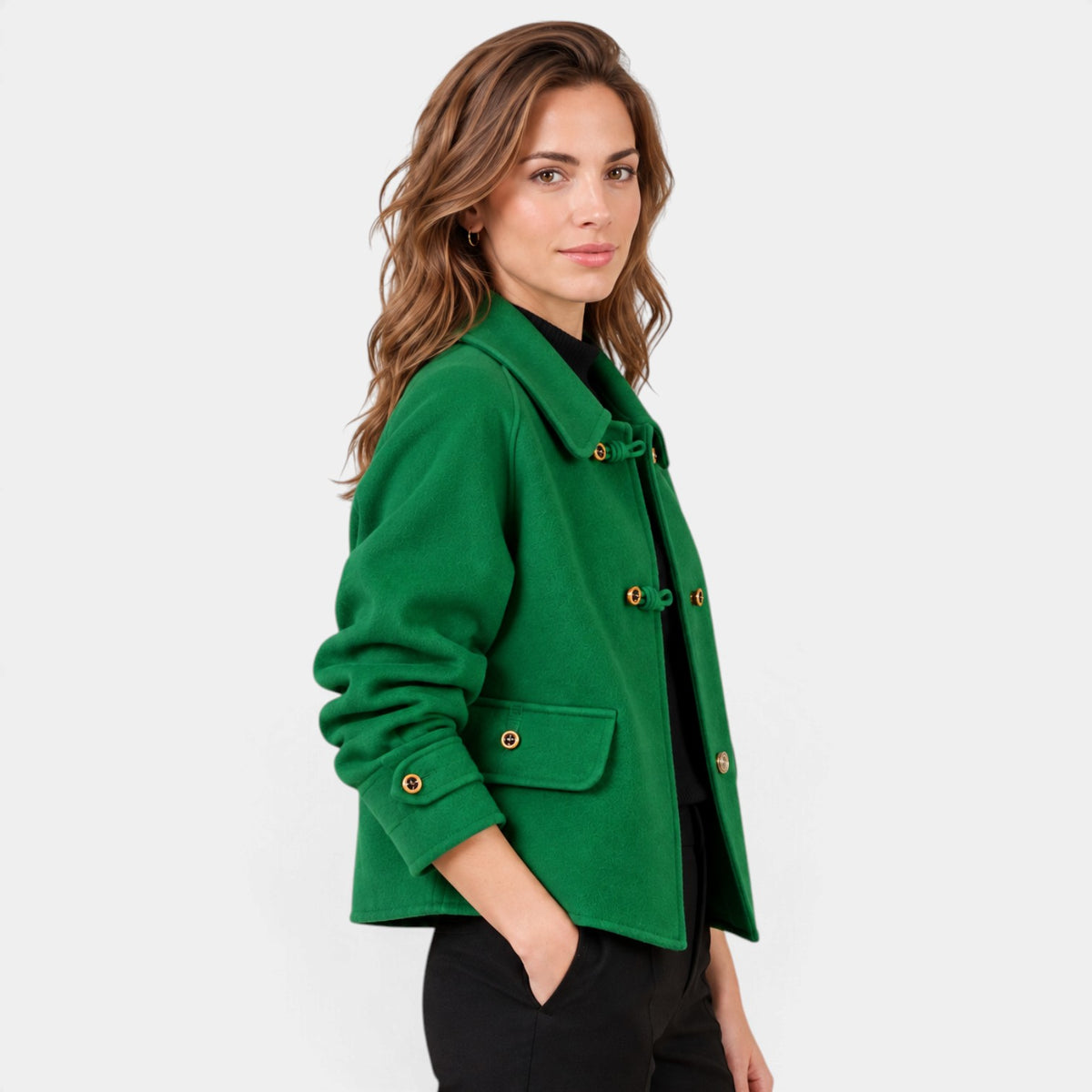 Blazer de Tweed para Mujer con Cuello Redondo y Botones Perla