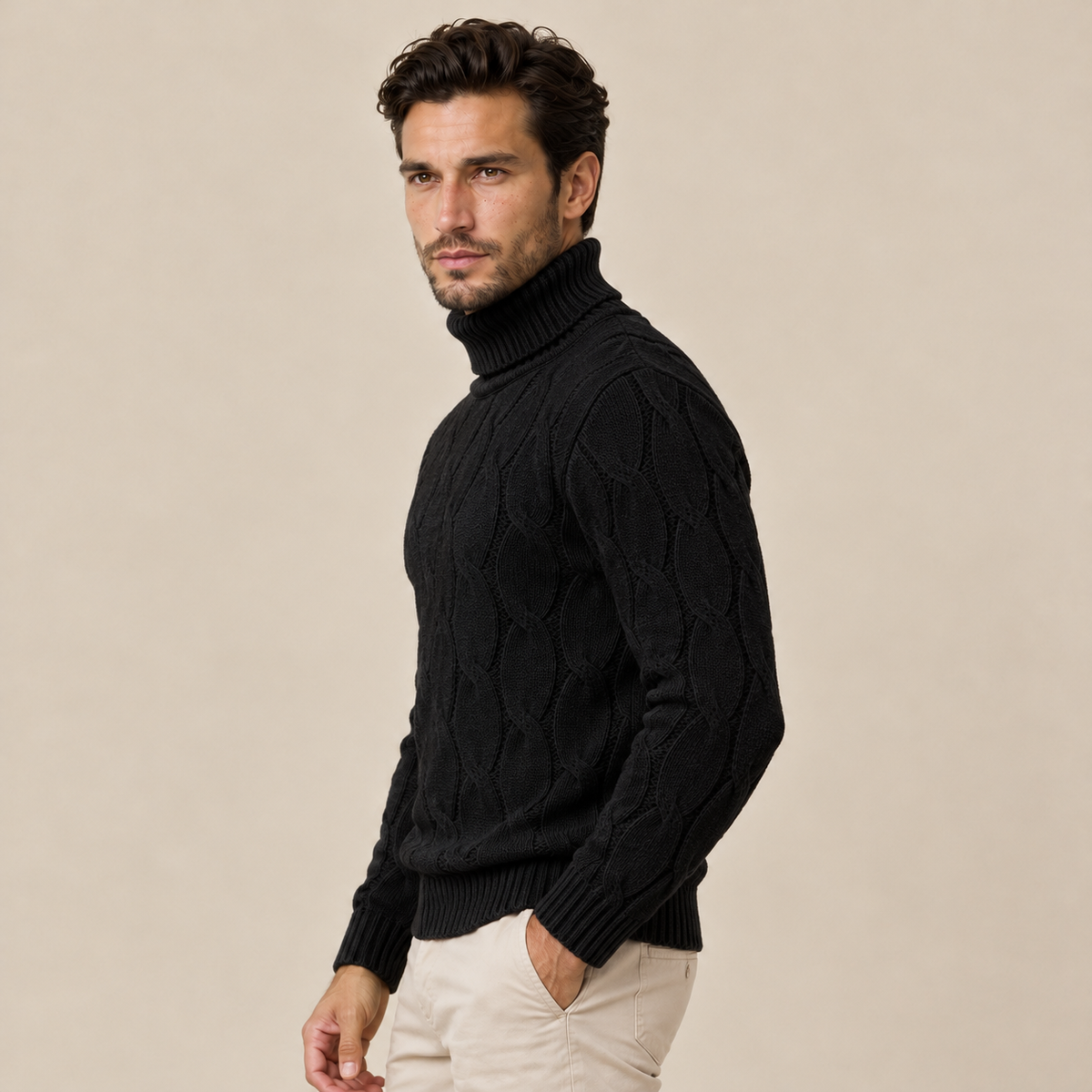 Men's Cable Knit Turtleneck Sweater - Chunky Pullover