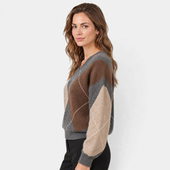 Jersey Argyle para Mujer Cuello de Pico Manga Larga