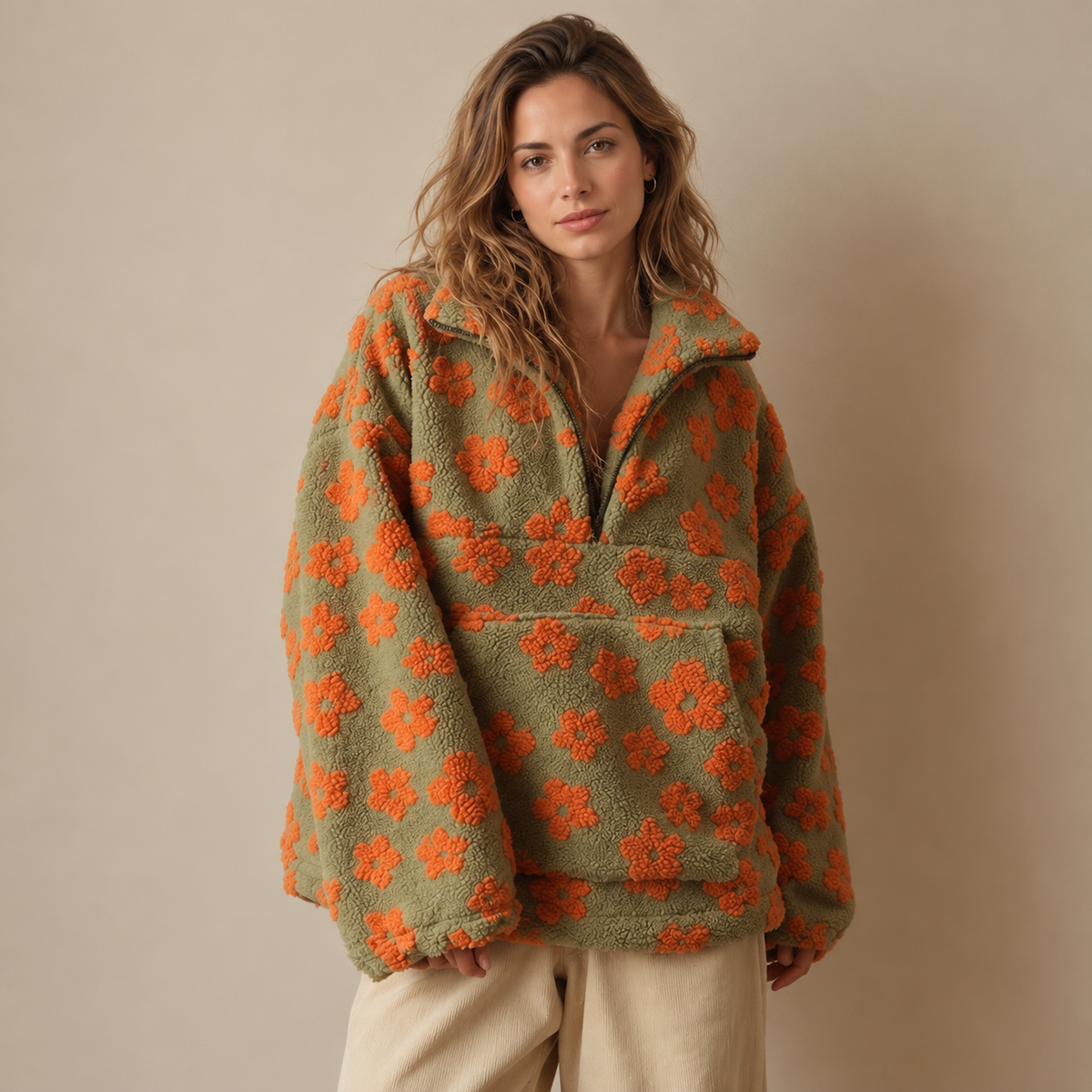 Women's Oversized Floral Print Sherpa Fleece Jacket - Zip-Up