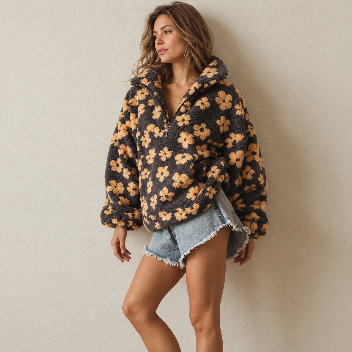 Women's Oversized Floral Print Sherpa Fleece Jacket - Zip-Up