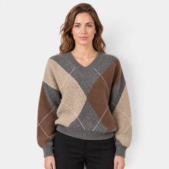 Jersey Argyle para Mujer Cuello de Pico Manga Larga