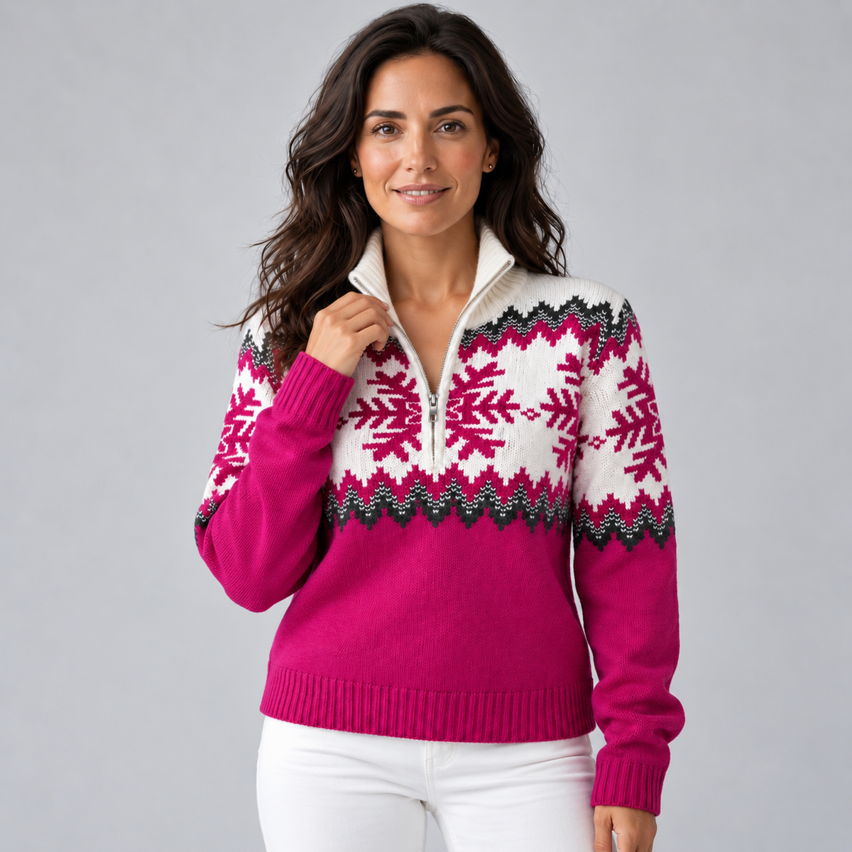 Jersey Fair Isle Mujer Media Cremallera Cuello Embudo Copos de Nieve