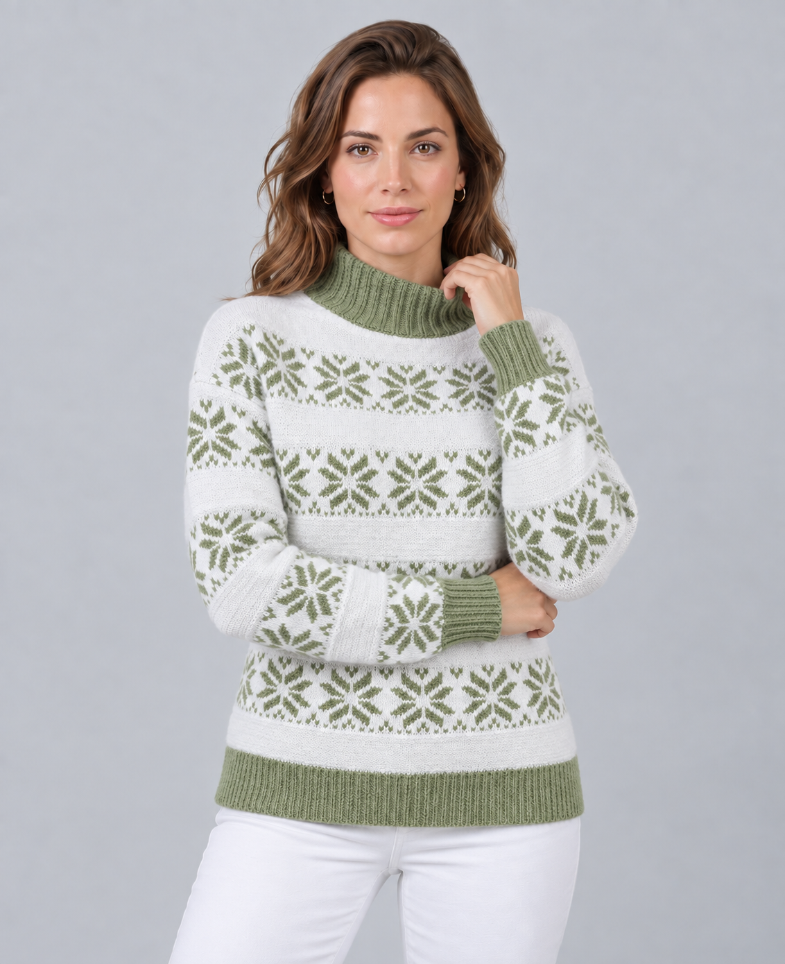 Jersey Fair Isle Mujer Cuello Alto Contraste Copos de Nieve