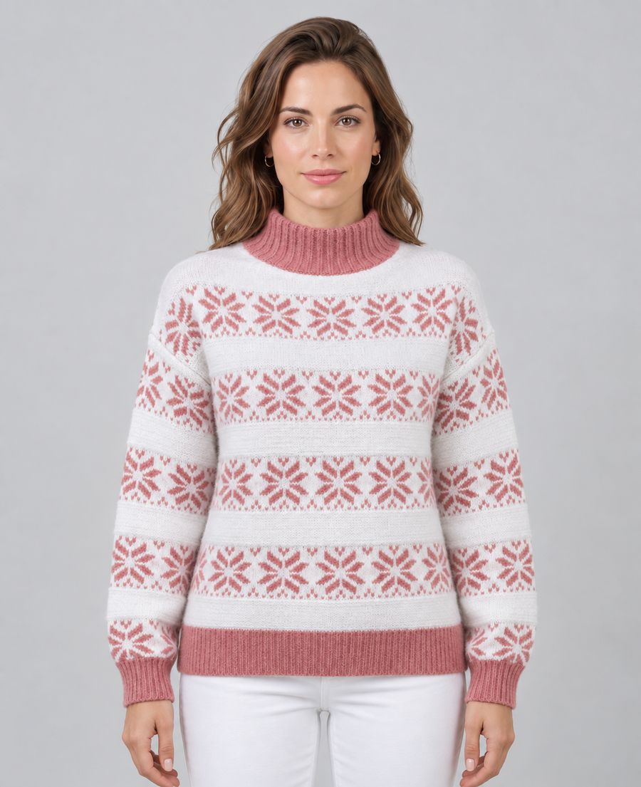 Jersey Fair Isle Mujer Cuello Alto Contraste Copos de Nieve