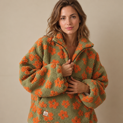 Women's Oversized Floral Print Sherpa Fleece Jacket - Zip-Up