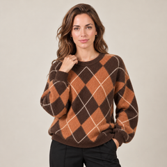 Women's Argyle Knit Sweater - Classic Crew Neck Pullover