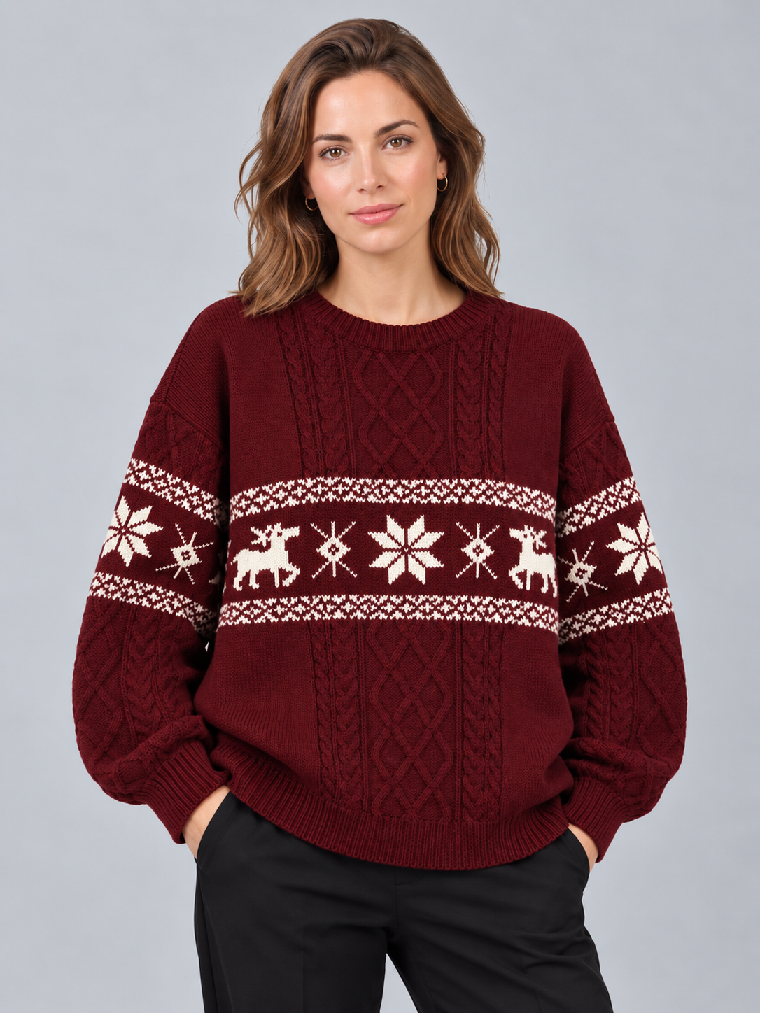 Jersey Navideño Mujer Oversize Trenzas y Renos Tonales