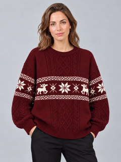 Jersey Navideño Mujer Oversize Trenzas y Renos Tonales