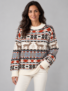 Jersey Navideño Mujer Cuello Alto Renos Terracota y Celeste
