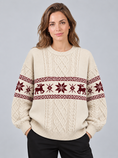 Jersey Navideño Mujer Oversize Trenzas y Renos Tonales