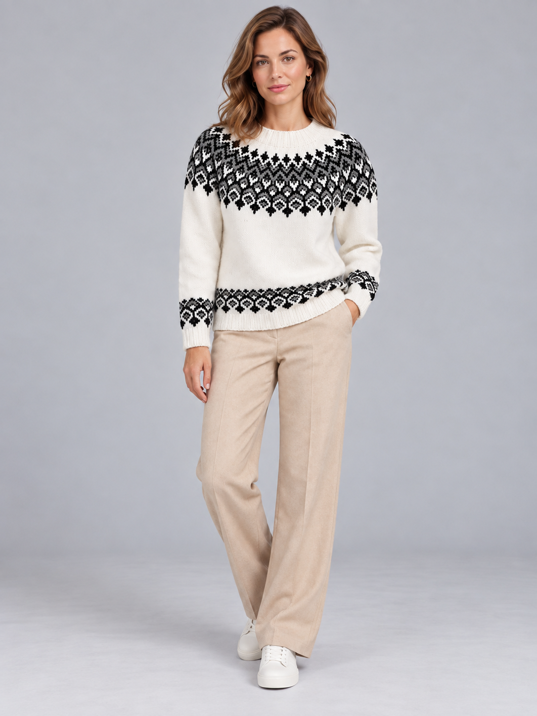 Women's Geometric Fair Isle Crew Neck Sweater Ivory