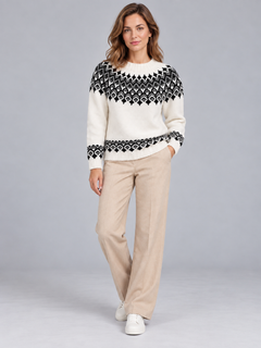 Women's Geometric Fair Isle Crew Neck Sweater Ivory