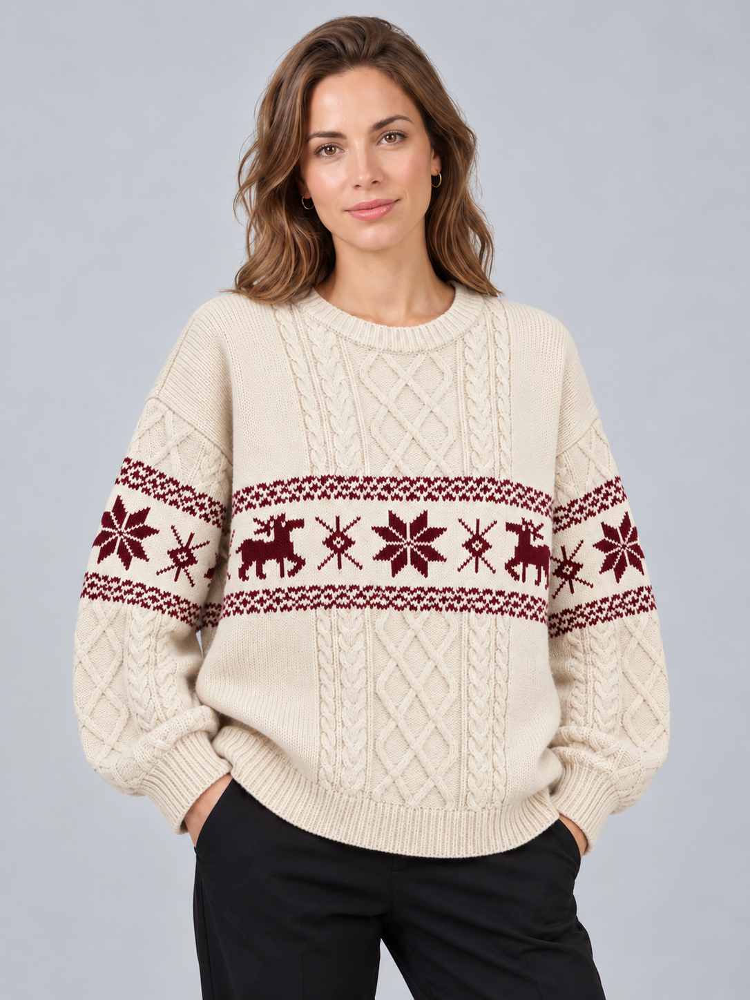 Jersey Navideño Mujer Oversize Trenzas y Renos Tonales