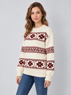 Jersey Fair Isle Mujer Copos de Nieve Cuello Redondo Oversize