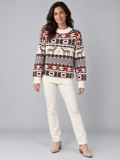 Jersey Navideño Mujer Cuello Alto Renos Terracota y Celeste