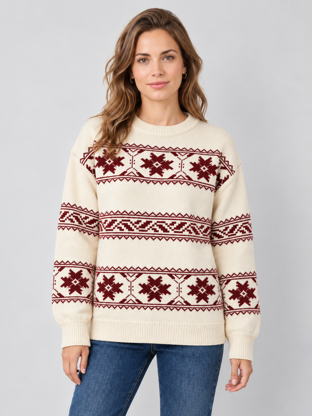 Jersey Fair Isle Mujer Copos de Nieve Cuello Redondo Oversize