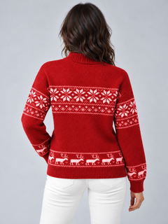 Women's Fair Isle Mock Neck Christmas Sweater with Reindeer Hem