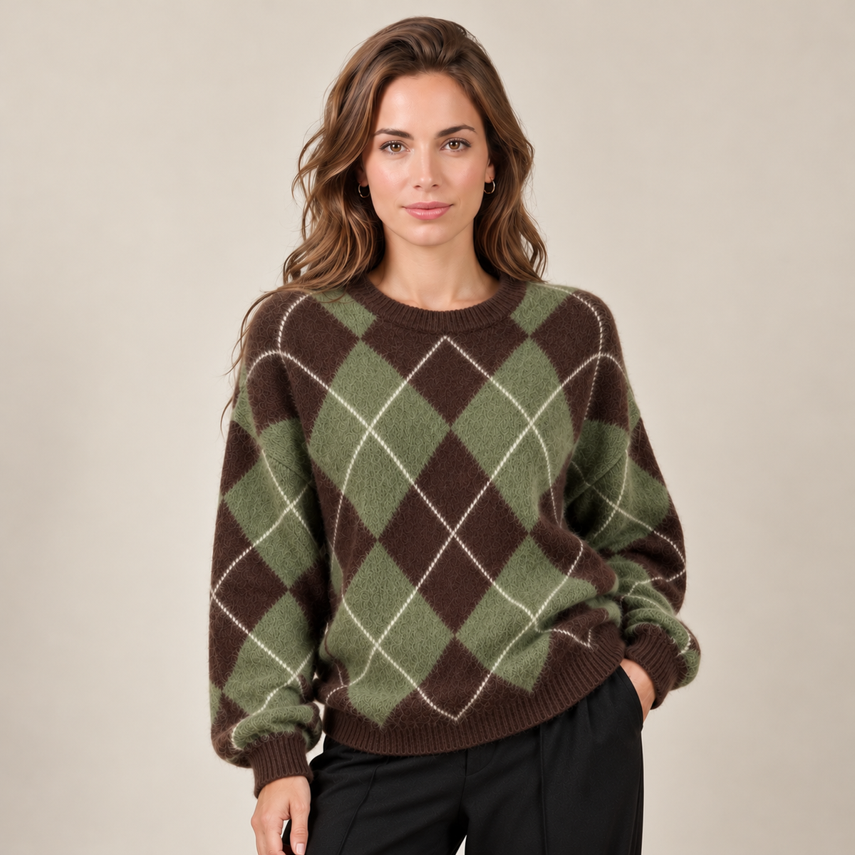 Women's Argyle Knit Sweater - Classic Crew Neck Pullover