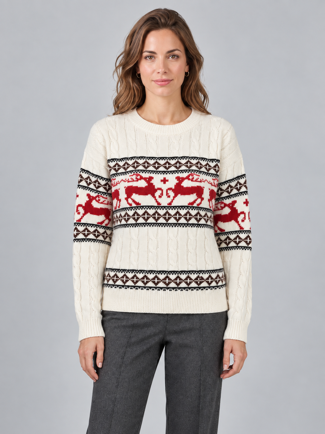 Women's Fair Isle Reindeer Aran Cable Knit Christmas Sweater